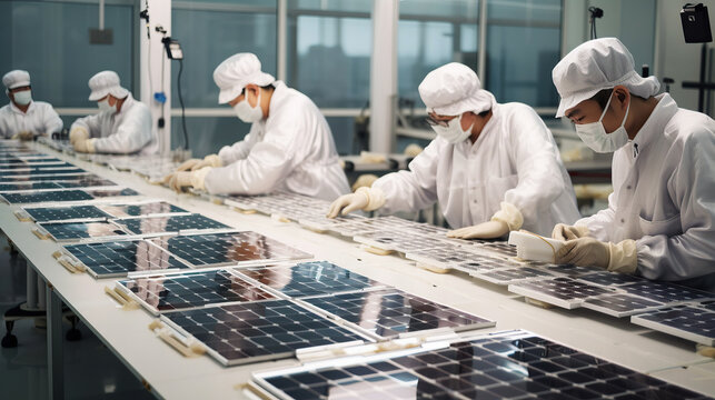 ai generated illustration Electronics manufacturing facility, workers assembling solar panel board
