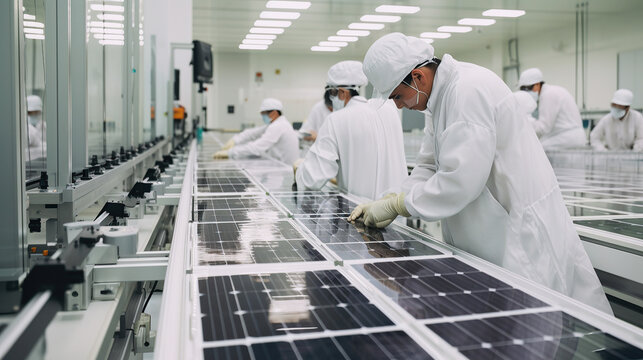 ai generated illustration Electronics manufacturing facility, workers assembling solar panel board