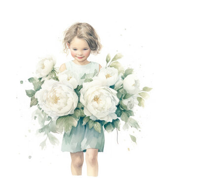 girl with a bouquet of peonies on a white background. watercolor.postcard congratulations. Generative AI