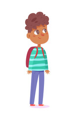 Curious boy, kid with backpack standing and looking with curiosity, science research