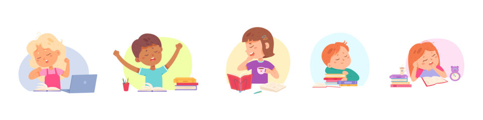 Tired cute kids studying hard set, lazy school students yawn, girls and boys sit at table