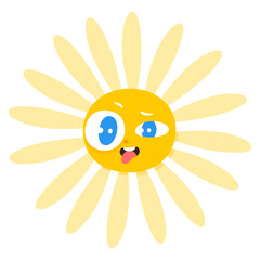 Cute sun character vector illustration. Cartoon isolated funny happy yellow face with smile and sunshine of heart, childish emoji with positive sunny emotion and summer joy