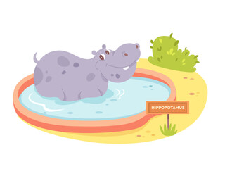 Cute happy hippopotamus swimming in zoo pond, cheerful baby hippo character bathing