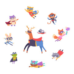 Superhero animals set, cute zoo collection, strong superman characters with hero costume