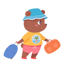 Cute bear walking with suitcase and bag, funny baby animal with panama and summer clothes