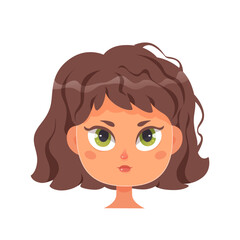 Avatar portrait of girl with brown hair and cute face vector illustration. Cartoon isolated child with green eyes and adorable hairstyle, pretty happy teenage character