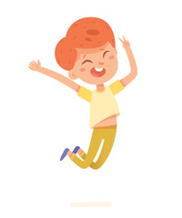 Smiling boy jumping for joy and hands up. Cute child wearing t-short and jeans, isolated person on white background. Vector character illustration of children gestures, emotions, types of moods