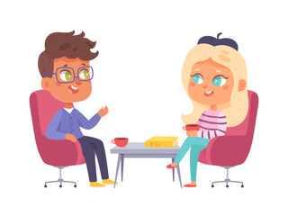 Interview and talk show with celebrity, kids sitting in chairs at table on meeting