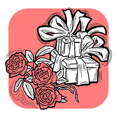 Present box with ribbon bow decorated with flowers for birthday gift, sale promotion, valentines or mothers day card, poster print. Hand drawn cartoon style illustration. Line drawing.