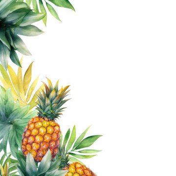 Pineapple frame border on white background, copy space for text, watercolor illustration. Square summer banner with fruits