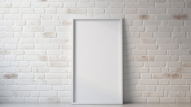 Blank vertical painting poster in white frame hanging on white brick wall.