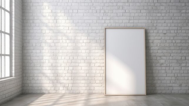 Blank vertical painting poster in white frame hanging on white brick wall.