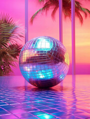 Fototapeta na wymiar Disco ball on the beach and purple pink lights. Background with palm trees. Vacation concept, summer party idea, synthwave or vaporwave style. Generated by artificial intelligence.