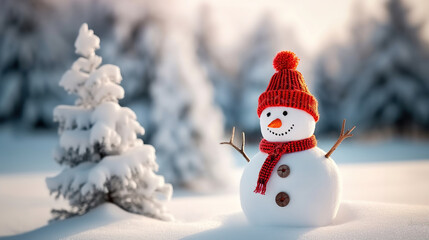 Obraz premium A Cheerful Snowman Braving the Winter Chill With Red Hat and Scarf. Generative AI