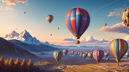 Hot air balloons flying over the meadow. 3D Rendering
