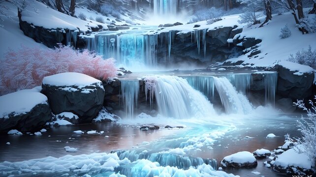Beautiful winter waterfall in the forest. Color toned image.