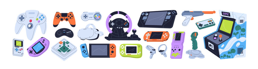 Game machine, joystick, videogame console, playing controller, gamepad set. Gamers digital gadgets, joypads, toy gun in modern and retro styles. Flat vector illustrations isolated on white background © Good Studio