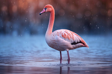 a pink flaming standing in the water with it's head turned to look like he is looking at something