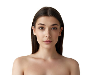 Tender, beautiful young woman with bare shoulders, well-kept, smooth, healthy skin looking at camera over white studio background. Concept of female beauty, body and skincare, cosmetology, health, ad