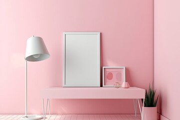 Pink backdrop and a white photo frame with copyspace. Generative AI