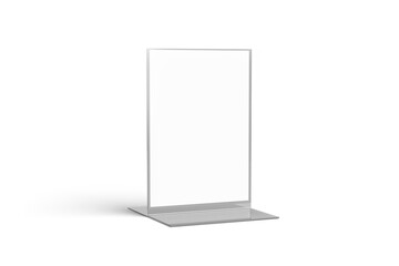 Blank table tent isolated on a grey background. 3D Promotional Table Tent Mockup Template for A4 display. Cards to advertise your business or promote special sales. Marketing materials. 3d rendering.	