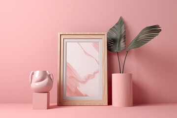 Pink backdrop with decorative pink wooden picture frame. Generative AI