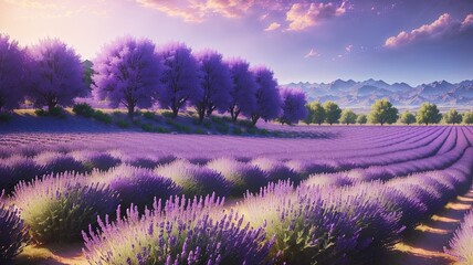 Lavender field in the morning light. 3D illustration.