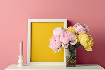 Peonies on a yellow background with a white frame make up this straightforward, minimalist artwork. A romantic card with a white frame and a wonderful statement or remark in the vacant space. a pop ar