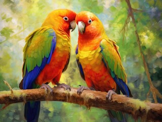 Fototapeta na wymiar Pair of Lovebirds on a Branch - AI Generated