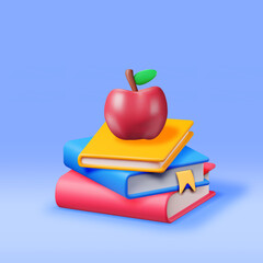 3D Red Apple on Stack of Paper Books Isolated. Render Pile of Books with Apple Icon. Educational or Business Literature. Reading Education, Literature, Encyclopedia, Textbook. Vector Illustration