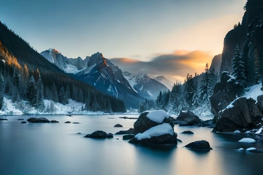 lake and mountains generated AI