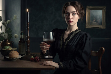 a woman in black holding a glass of wine