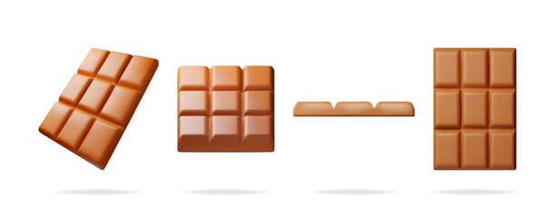 3D Milk Chocolate Bar from Different Angles Collection Isolated on White. Render Brown Chocolate Piece. Sweet Delicious Candy Product. Cocoa Tasty Dessert. Realistic Vector Illustration
