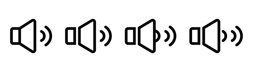 Volume icon set. Sound icon in line. Outline speaker sign in black. Volume symbol. Sound sign in line. Speaker icon set. Stock vector