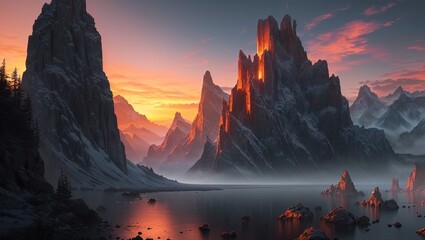 Fantasy landscape. Mountain lake in the morning. 3d render