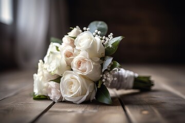 bridal bouquet of white roses lies on a wooden background. generated ai