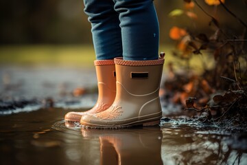 children's legs in jeans, in orange rubber boots, in a puddle in autumn, blurred background. generated ai