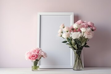 Pink flowers and a white mock up frame on a background with various colors. Generative AI