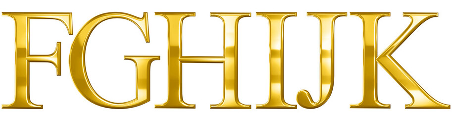 3d font letter gold F, G, H, I, J, K