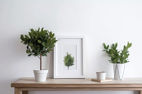 On a wooden desk with a white wall background and a white picture frame with a micro leaf green plant tree in a silver pot as a small home decoration, there is a copy area. Generative AI