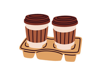 Takeaway coffee cups on tray to carry. Takeout hot drinks to go in paper mugs with lids and sleeves, zarf. Take-away tea and coffe on holder. Flat vector illustration isolated on white background