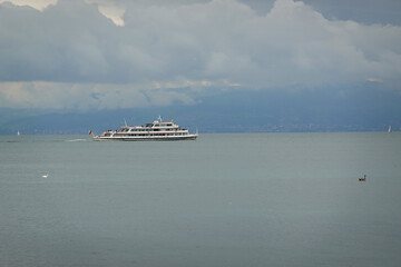 Panorama of Bodensee lake and a yacht, the view from Romanshorn, Switzerland