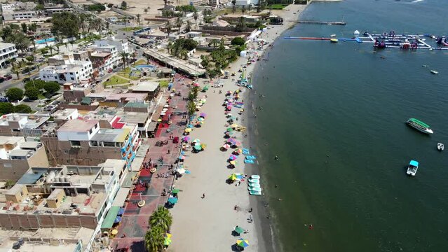Aerial shot drone flies backwards over Paracas beach