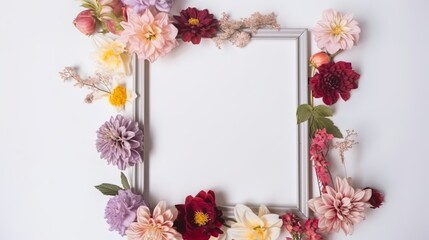 Obraz premium Mockup of picture frame decorated with spring flowers clean space for text on white background