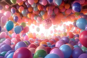 Huge number of Multicoloured Party balloons in air flying freely, generative ai
