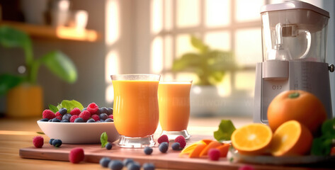 Invigorating Orange Juice, Luscious Berry Fusion, and a Refreshing Salad Arrangement, Embracing the Modern Kitchen Ambiance. Generative AI