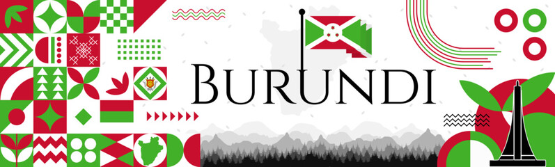 Burundi Independence Day abstract banner design with flag and map. Flag color theme geometric pattern retro modern Illustration design. green and red color template.