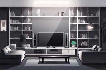 residing room living room with a mock up of an empty TV. Wall mounted TV that is completely black. television, speakers, books, a bookshelf, and a back couch are all in the living room. illustration