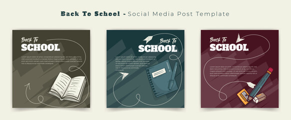 Set of social media post template with blackboard and book for back to school campaign design