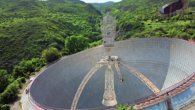 Drone view of the radio telescope at the Radio Optical Observatory (ROT-54) on a sunny summer day. Aragatsotn province, Armenia.